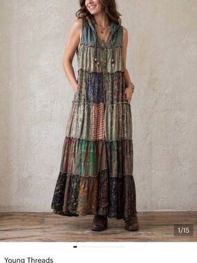 Boho Patchwork Maxi Dress in Mixed Earth Tones